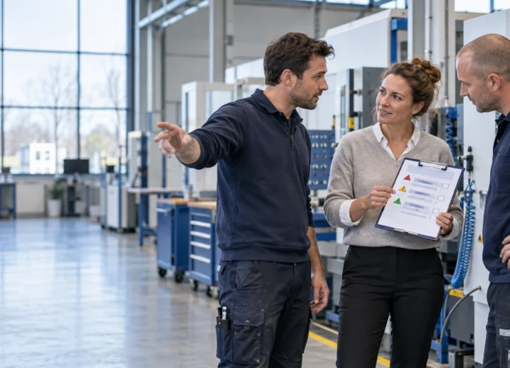 Preventiemedewerker bespreekt met collega’s arbeidsrisico’s en veilig en gezond werken op de werkplek.