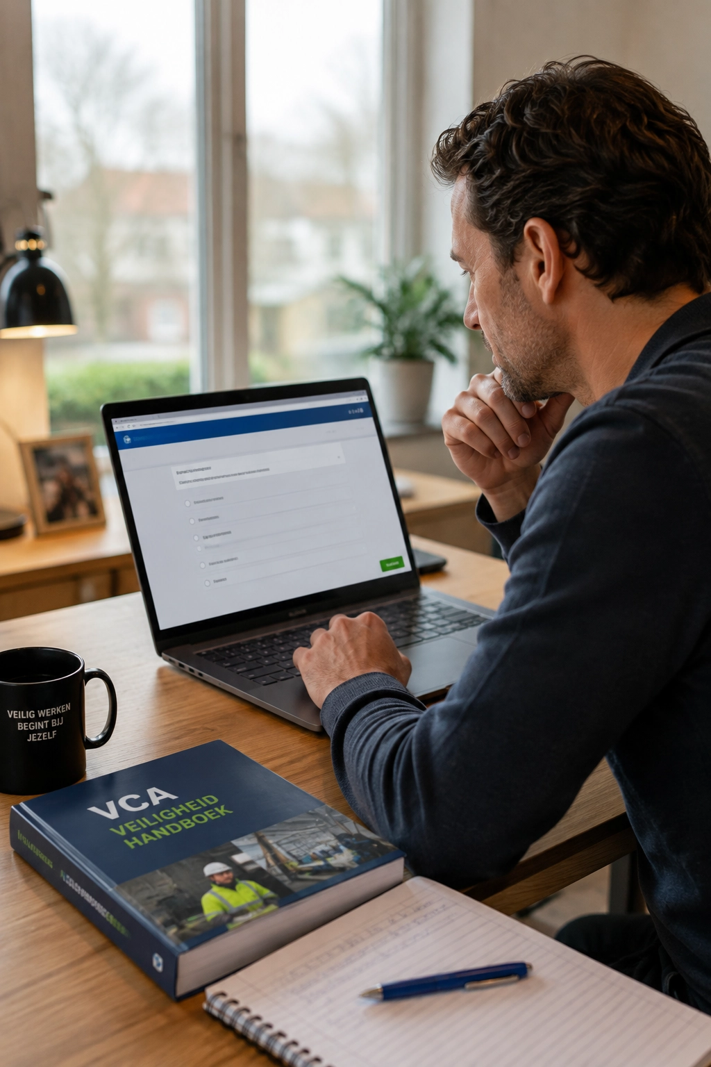 Medewerker maakt een online VCA proefexamen op een laptop.