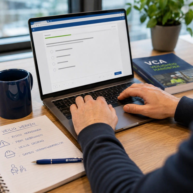 Hand gebruikt laptop voor een online VCA proefexamen.