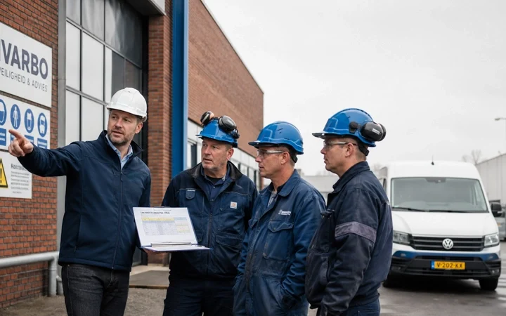 IVARBO-adviseur bespreekt samen met medewerkers een taak risico analyse op een Nederlandse industriële locatie.