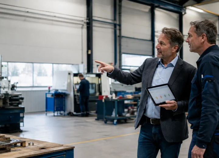 Veiligheidsadviseur en bedrijfsmanager beoordelen samen een arbeidsrisico tijdens een RI&E.