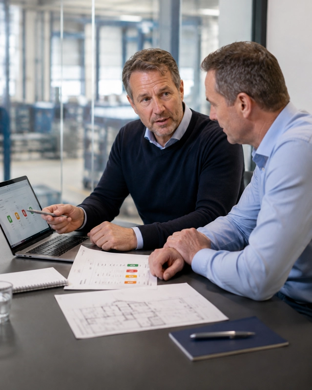 Veiligheidsadviseur bespreekt met een bedrijfsmanager de beoordeling van een arbeidsrisico.