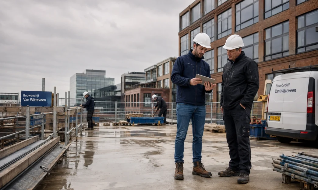 Veiligheidsadviseur en uitvoerder bespreken veilig werken op een Nederlandse bouwplaats.