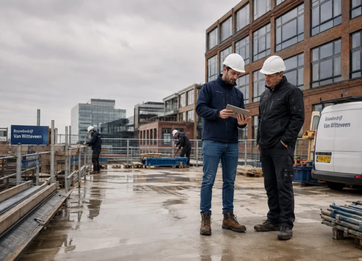 Veiligheidsadviseur en uitvoerder bespreken veilig werken op een Nederlandse bouwplaats.