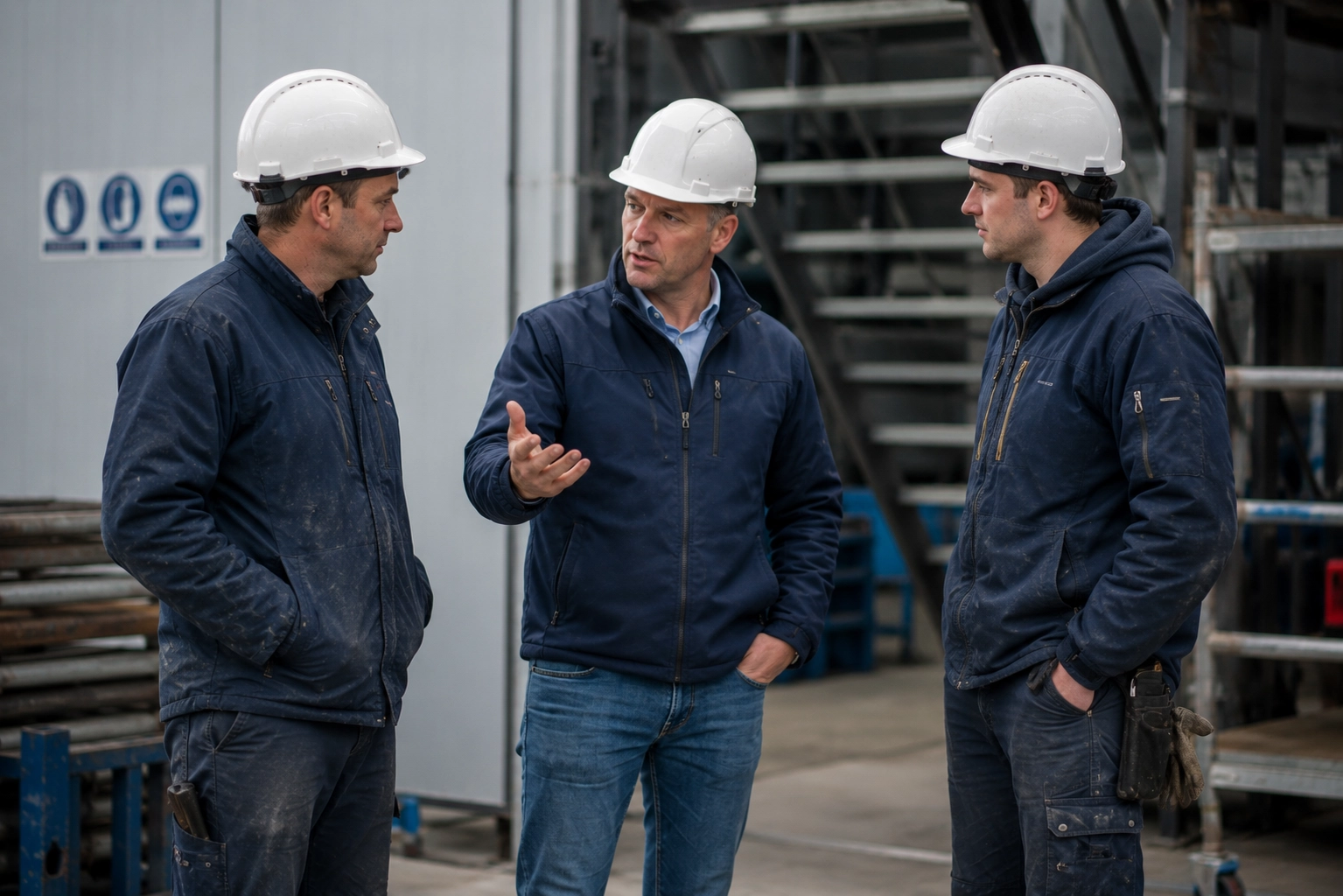 Communicatie en samenwerking bij veilig werken Drie medewerkers bespreken samen veilig werken op een Nederlandse projectlocatie.