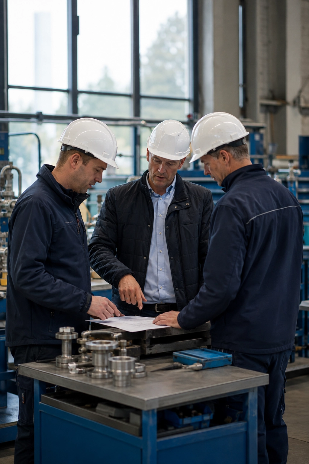Risico’s herkennen en veilig werken met VCA Veiligheidsadviseur bespreekt vooraf de risico’s van werkzaamheden met twee technische medewerkers.