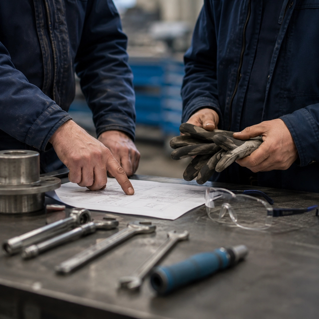 Veilig werken begint met een goede voorbereiding Medewerkers bespreken een werkvoorbereiding naast veiligheidsbril, werkhandschoenen en gereedschap.