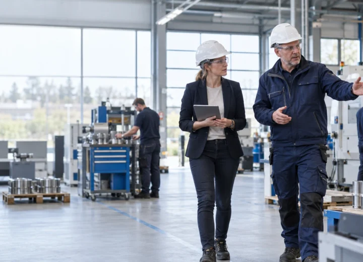 Veiligheidsadviseur en werkgever bekijken samen de werkomstandigheden tijdens een RI&E