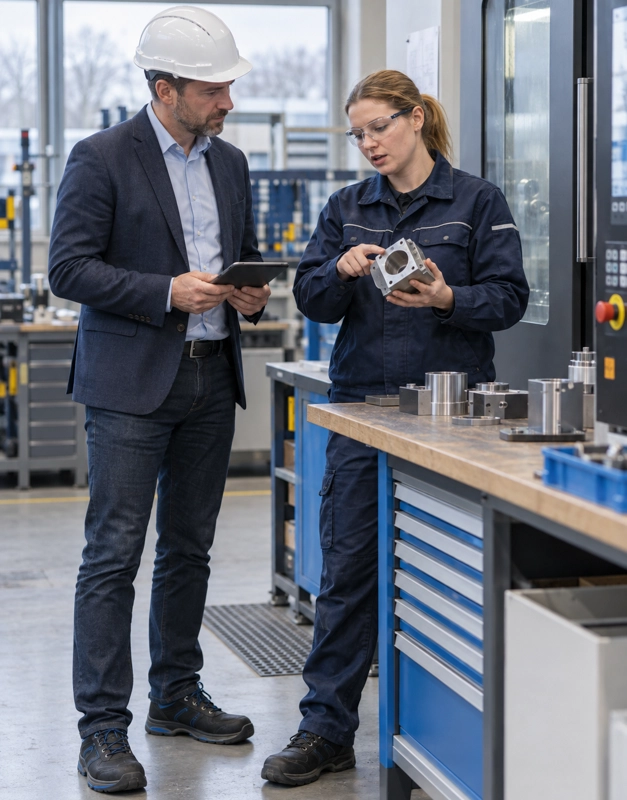 Wat houdt een risico-inventarisatie in? Veiligheidsadviseur bespreekt de dagelijkse werkzaamheden met een medewerker tijdens een risico-inventarisatie