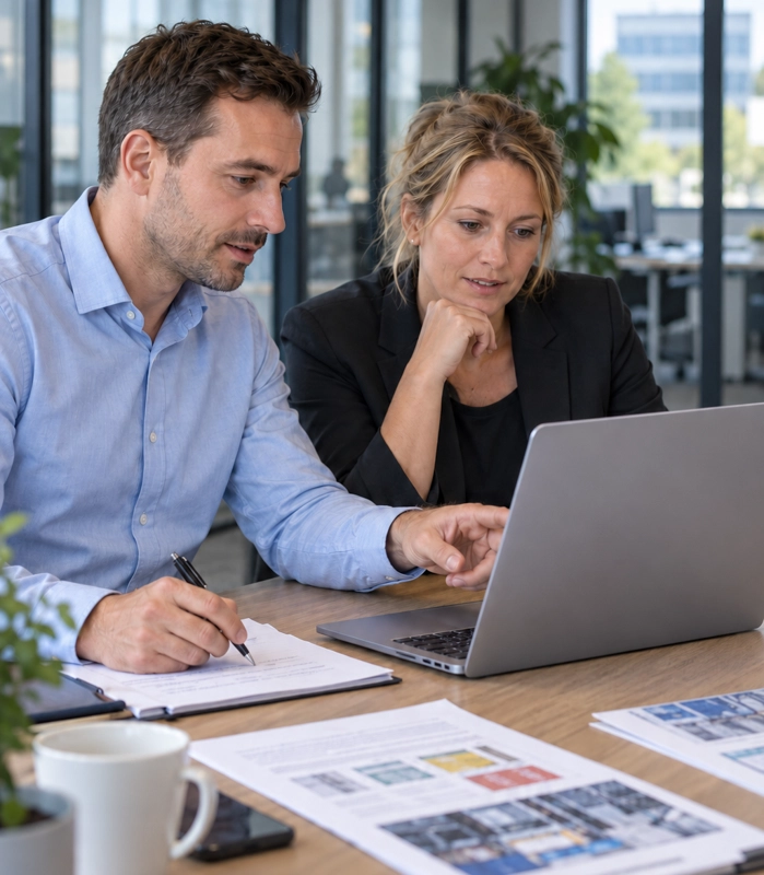 Veiligheidsadviseur en werkgever bekijken samen een RI&E-checklist op een laptop