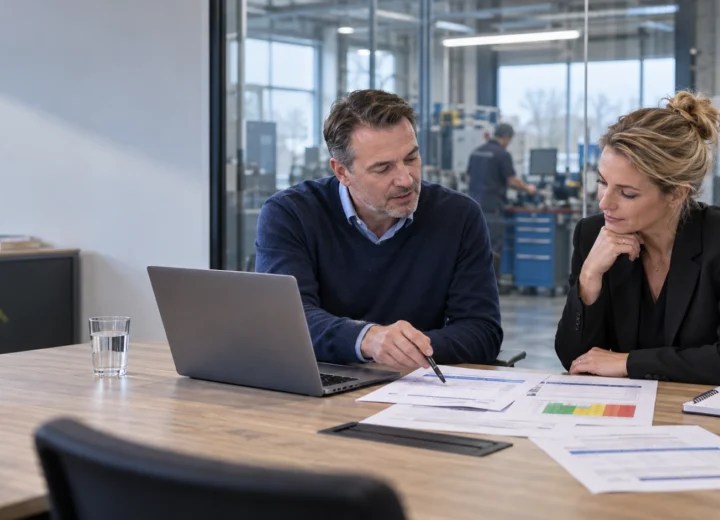 IVARBO-adviseur bespreekt een RI&E voorbeeld met een bedrijfsmanager aan tafel