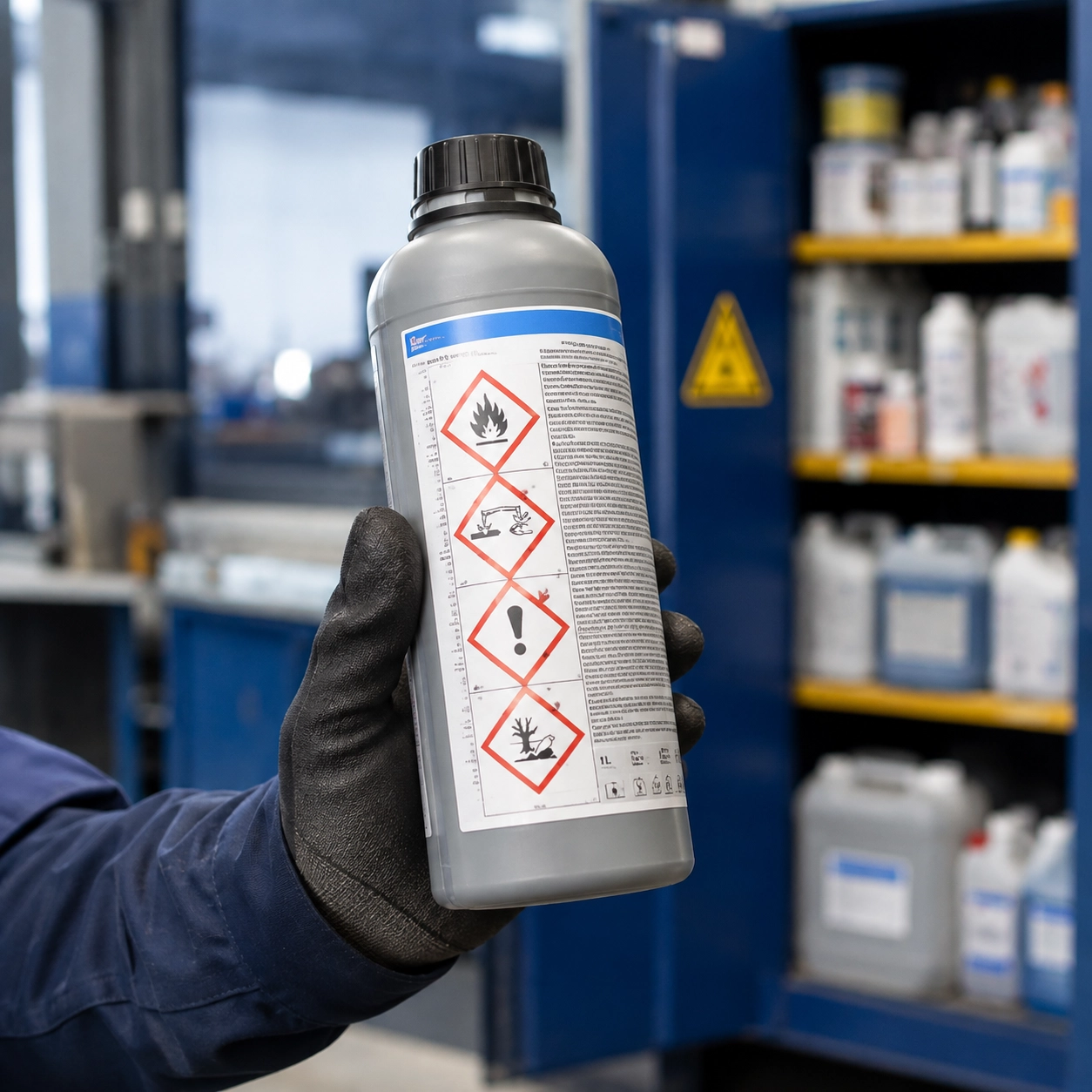 Gevarenpictogrammen op gevaarlijke stoffen herkennen Close-up van een chemisch product met rode gevarenpictogrammen op het etiket.