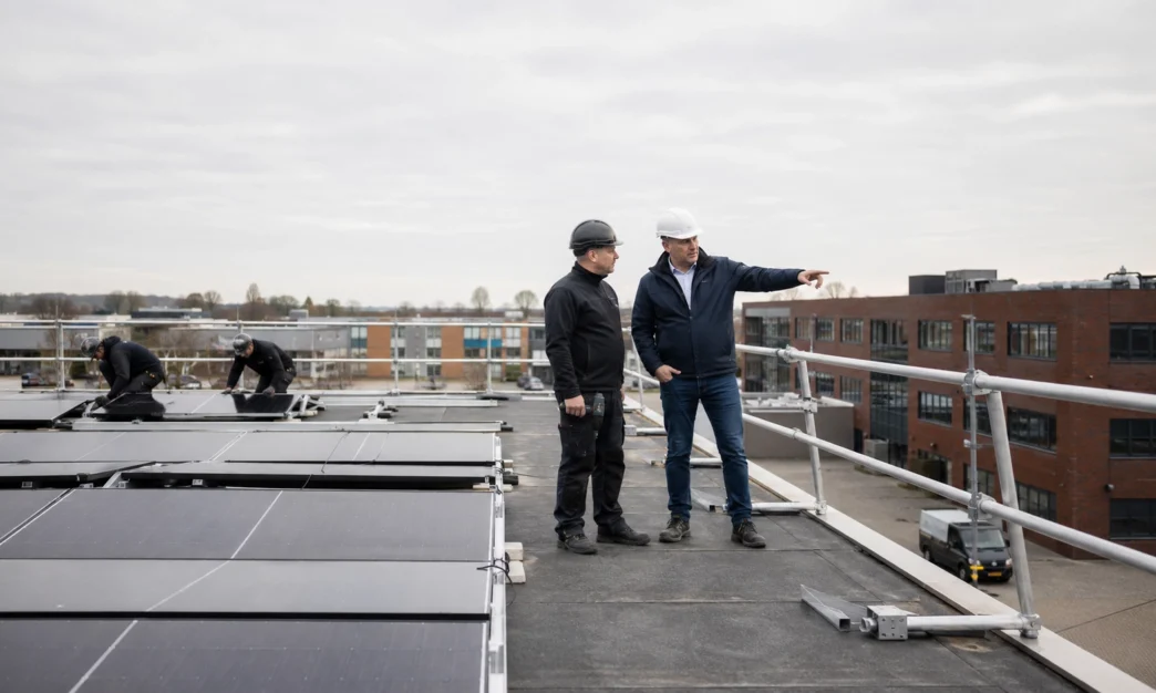 Veiligheidsadviseur bespreekt met een uitvoerder collectieve dakrandbeveiliging tijdens werkzaamheden met zonnepanelen op een plat dak.