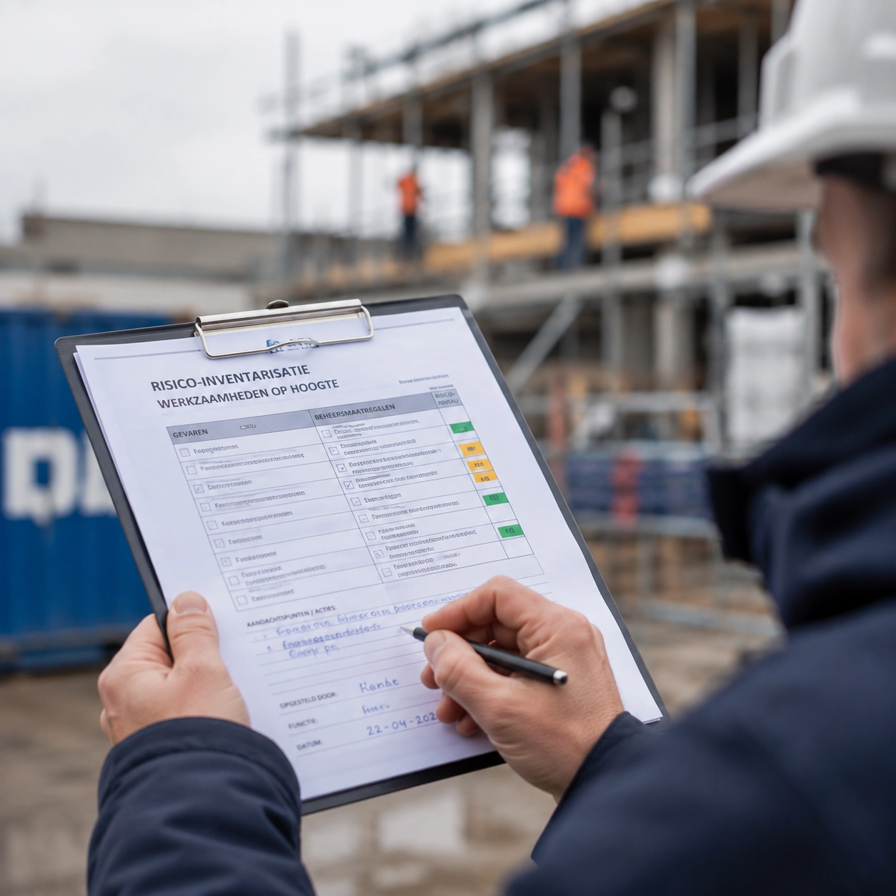 Checklist voor een RI&E in de bouw Close-up van een checklist tijdens een bouwkundige RI&E.
