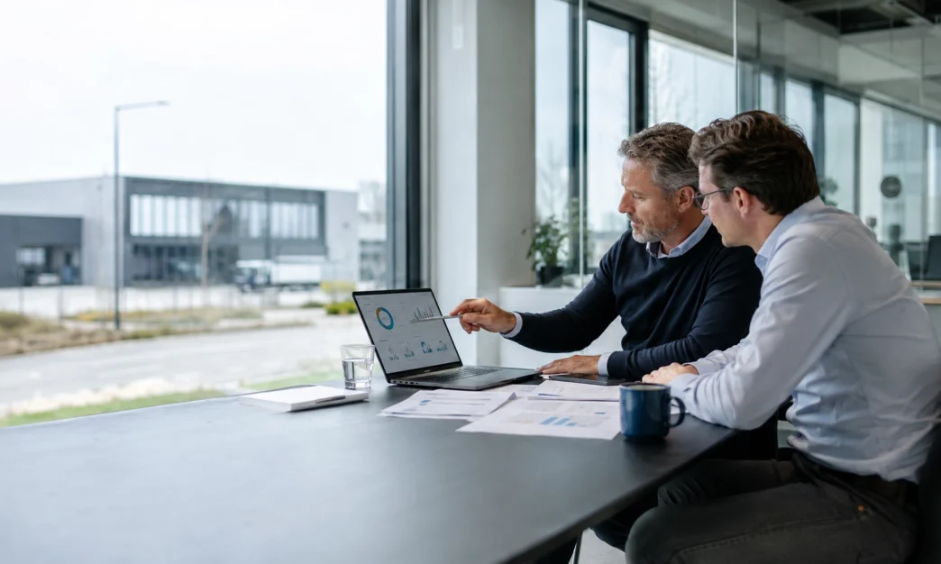 Adviseur en bedrijfsmanager berekenen samen de CO2-footprint van een bedrijf op basis van energie- en verbruiksgegevens.