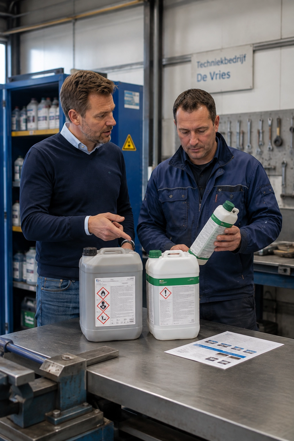 Gevaarlijke stoffen vervangen door een veiliger alternatief Veiligheidsadviseur en medewerker vergelijken een gevaarlijk chemisch product met een veiliger alternatief in een werkplaats.