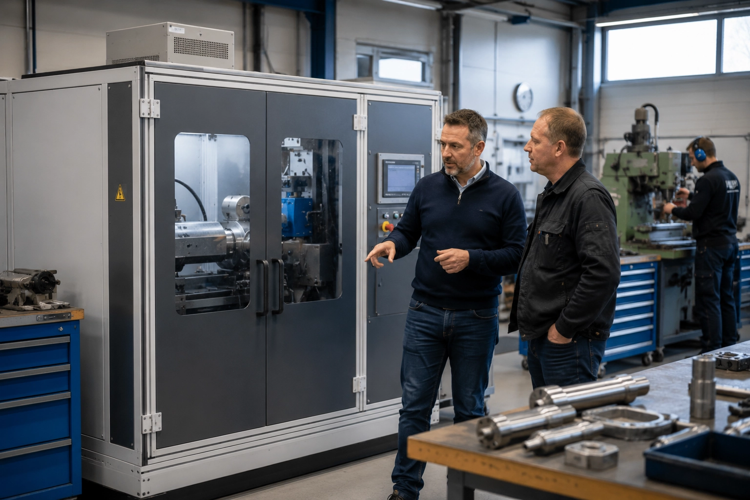Lawaai op de werkplek aanpakken bij de bron Geluidproducerende machine in een Nederlandse werkplaats is voorzien van een akoestische omkasting om lawaai te verminderen.