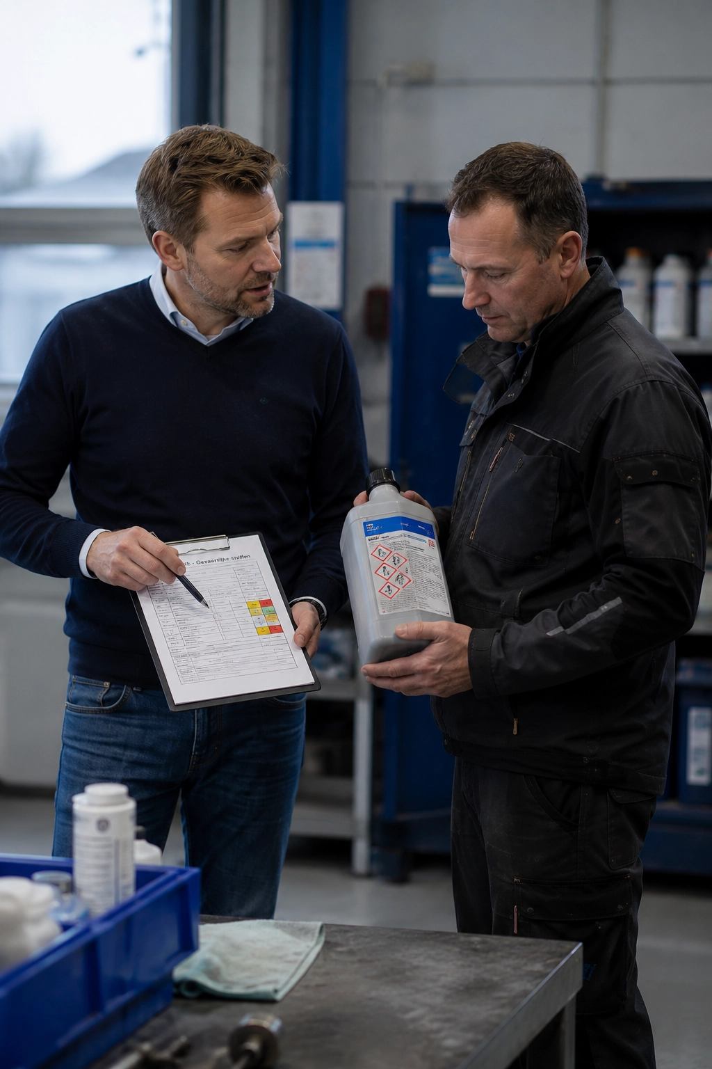 Gevaarlijke stoffen beoordelen in de RI&E Adviseur en werkplaatsmanager beoordelen het etiket van een gevaarlijke stof tijdens een RI&E.