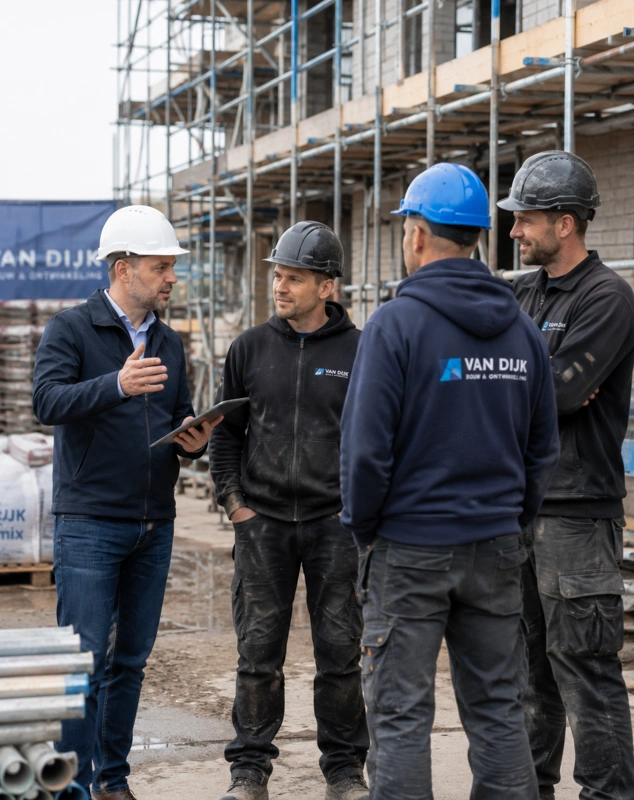 Werkoverleg tijdens een RI&E Uitvoerder en veiligheidskundige bespreken risico's met bouwmedewerkers.