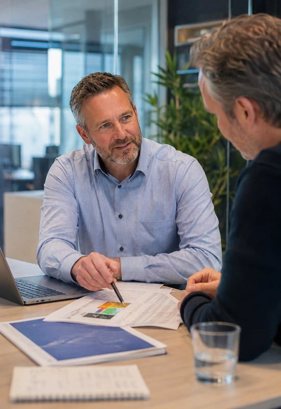 rie-verplicht-adviesgesprek-werkgever IVARBO-adviseur bespreekt de RI&E-verplichting met een werkgever tijdens een adviesgesprek.