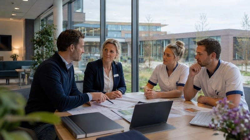 IVARBO adviseur bespreekt de RI&E met medewerkers van een Nederlandse zorginstelling.