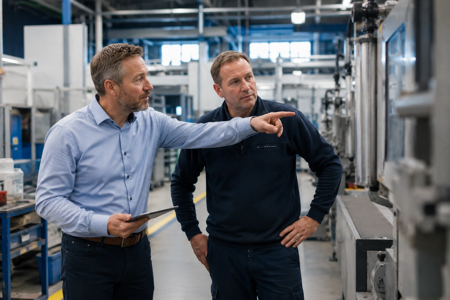 risico-inventarisatie-en-evaluatie-samenwerking Werkgever en IVARBO-adviseur beoordelen samen arbeidsrisico's tijdens een RI&E.