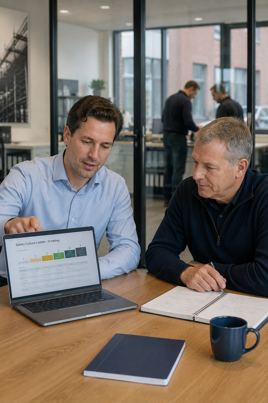 Veiligheidsadviseur en ondernemer voeren samen een nulmeting voor de Safety Culture Ladder uit.