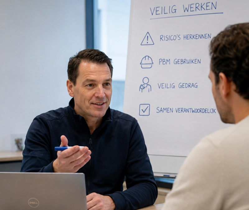 Veilig werken leren tijdens een VCA cursus VCA-docent geeft een cursist uitleg over risico's en veilig werken