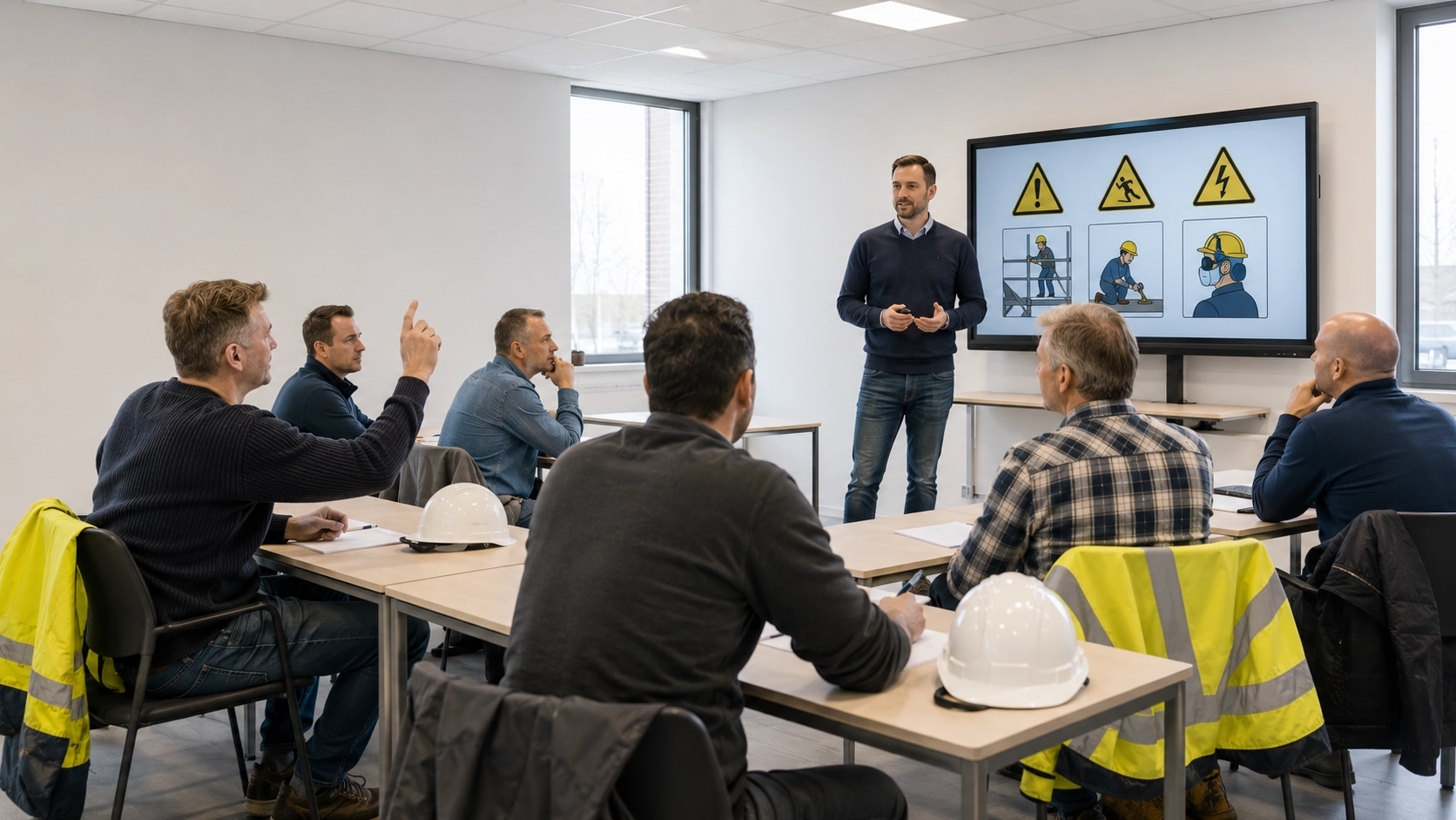 Veilig werken leren tijdens een VCA cursus VCA-docent geeft een cursist uitleg over risico's en veilig werken