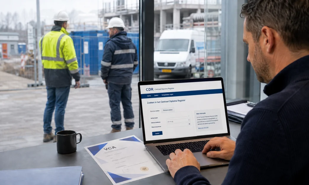 Veiligheidscoördinator controleert op een laptop of een VCA-diploma geldig is