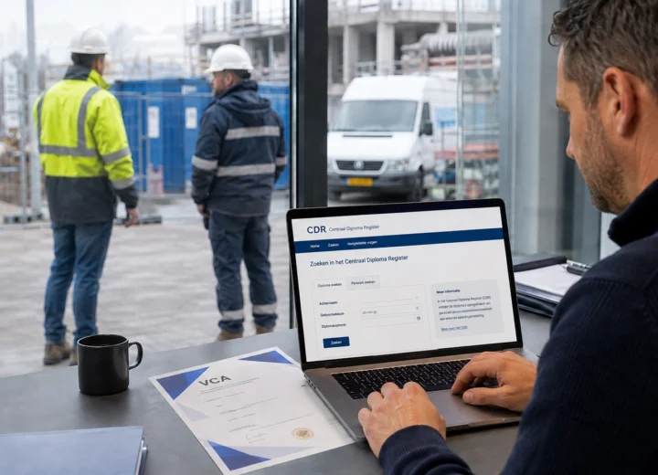 Veiligheidscoördinator controleert op een laptop of een VCA-diploma geldig is