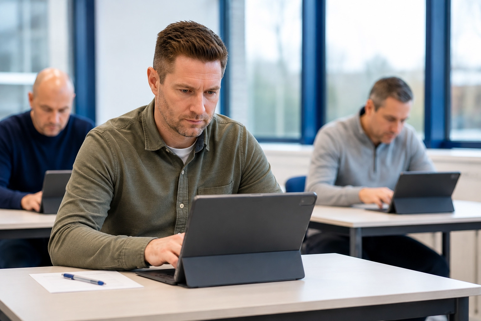 VCA examen na de cursus Cursisten maken geconcentreerd het VCA examen in een modern examenlokaal