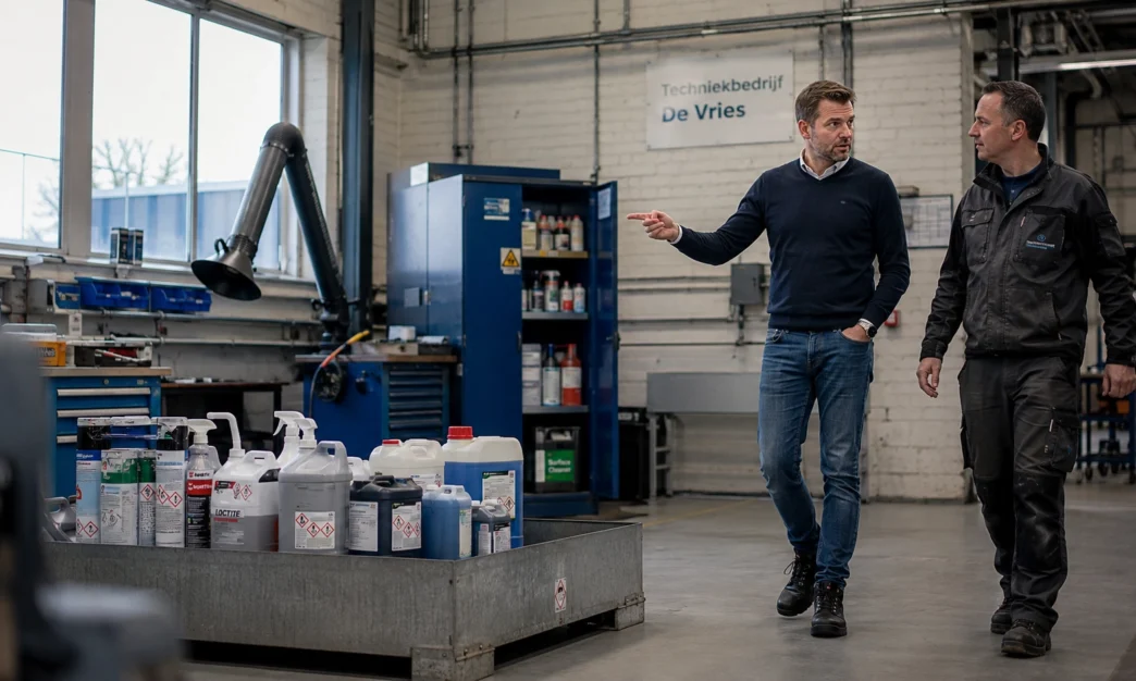 Veiligheidsadviseur bespreekt met een medewerker het veilig werken met gevaarlijke stoffen in een Nederlandse werkplaats.