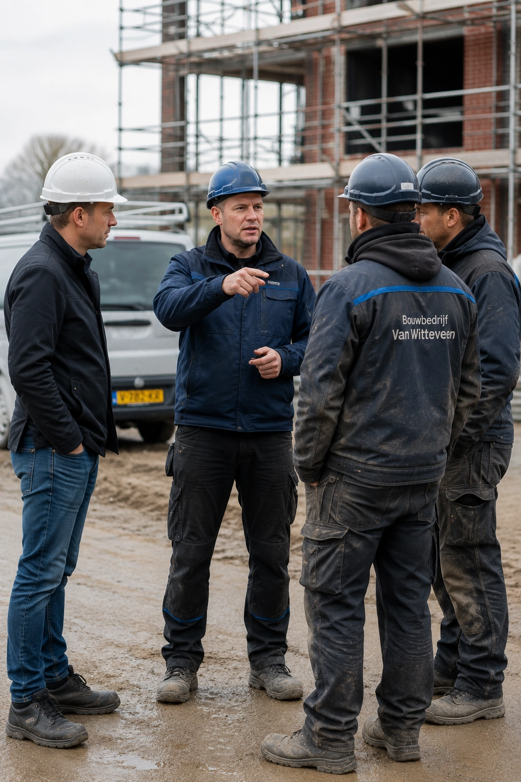Uitvoerder bespreekt veilig werken met medewerkers terwijl een veiligheidsadviseur praktisch begeleidt.