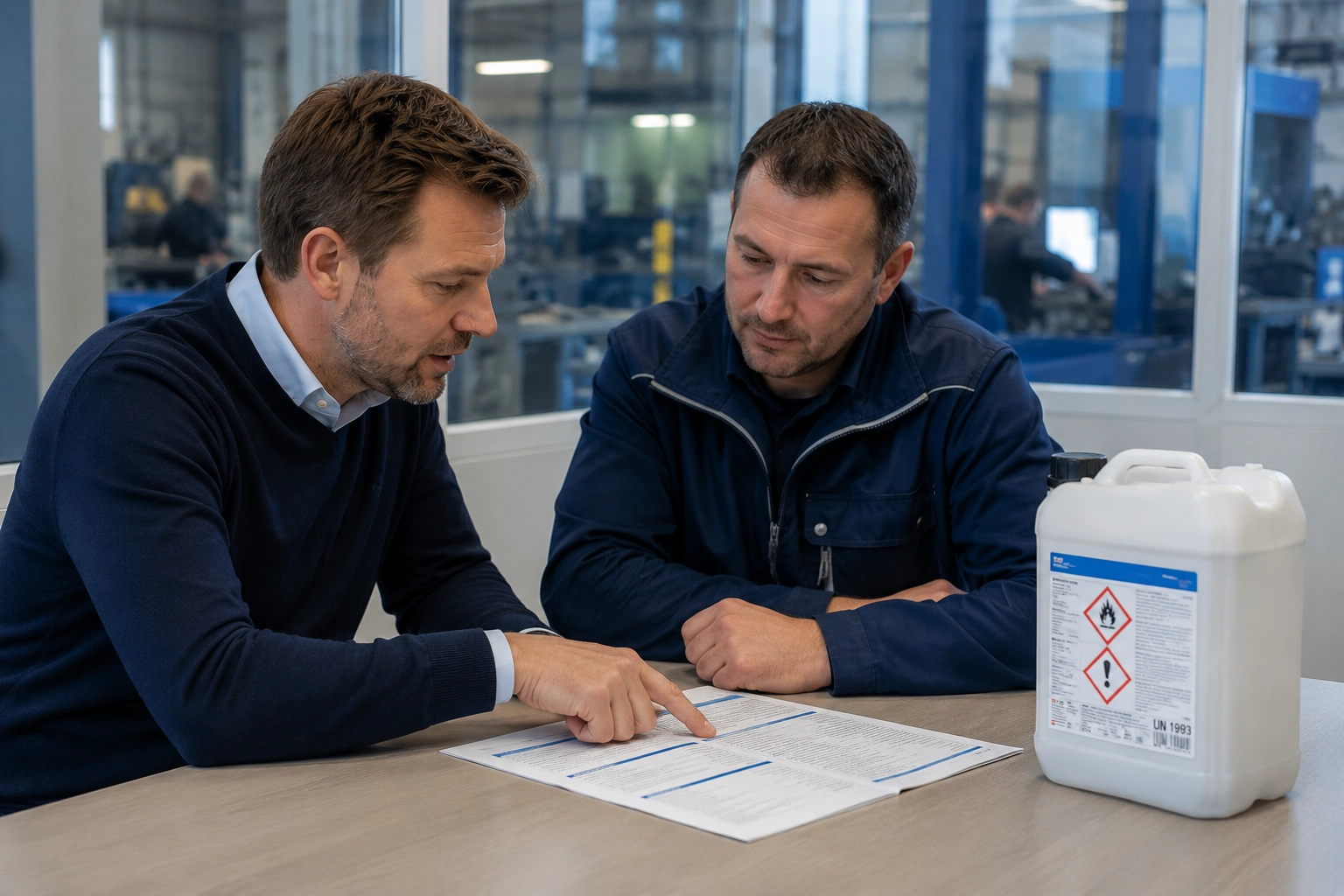 Veiligheidsinformatieblad van gevaarlijke stoffen beoordelen Veiligheidsadviseur en medewerker bekijken samen het veiligheidsinformatieblad van een chemisch product.