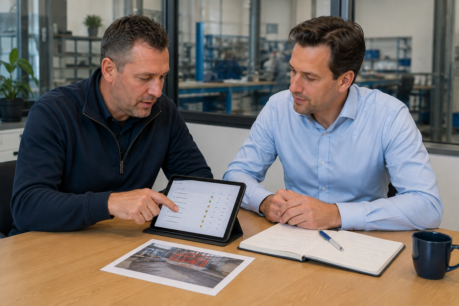 Teamleider en veiligheidsadviseur bespreken de opvolging van een veiligheidsmelding en bijbehorende actie.