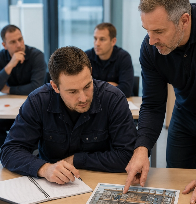 Veiligheidsrisico's herkennen tijdens VCA Basis Docent bespreekt samen met een cursist veiligheidsrisico's tijdens een VCA Basis opleiding.