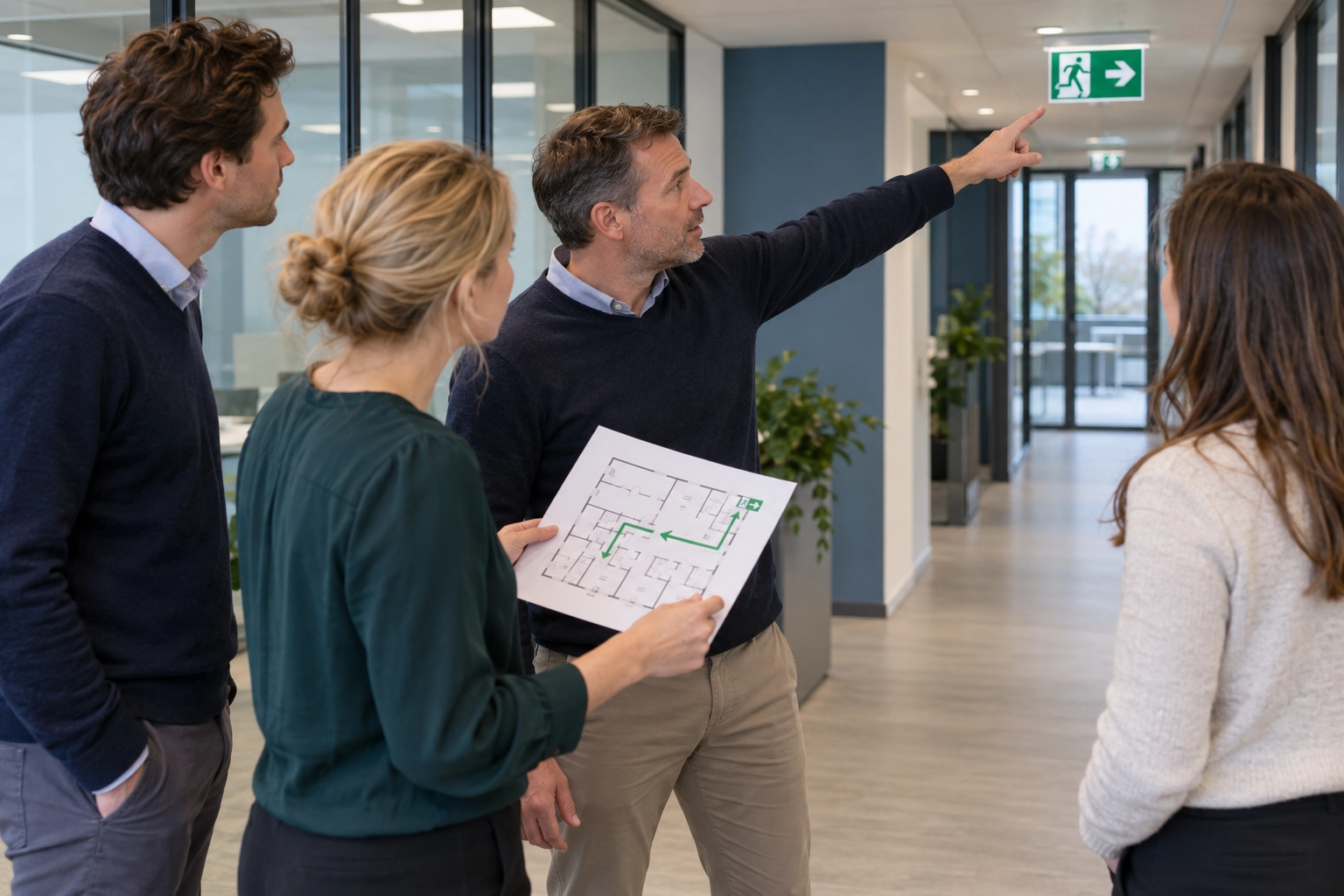 BHV-instructeur bespreekt met medewerkers de ontruimingsroute bij een Nederlandse bedrijfslocatie.