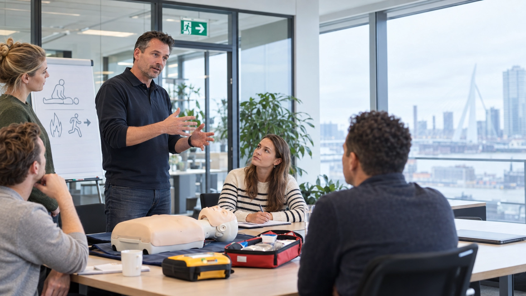 Medewerkers volgen een BHV cursus met uitleg over bedrijfshulpverlening en eerste hulp.