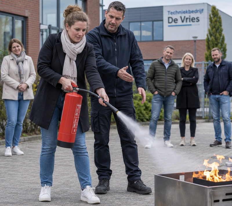 Medewerker oefent tijdens een BHV cursus veilig met een brandblusser onder begeleiding van een instructeur.