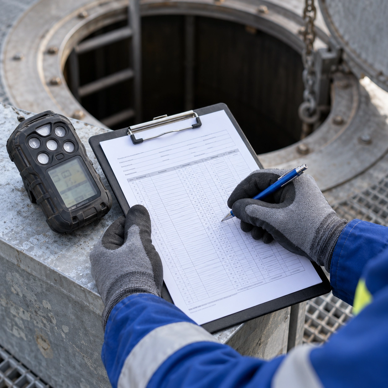 Mangatwacht registreert medewerkers bij de toegang tot een besloten ruimte met gasmeter en controlelijst.