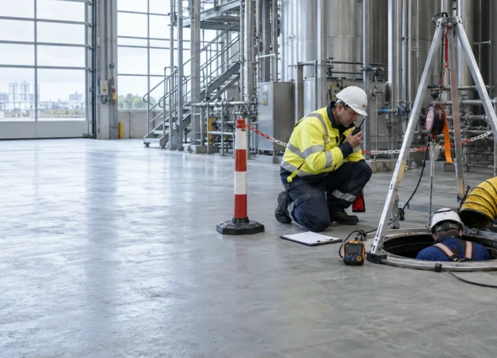 Mangatwacht houdt toezicht bij de toegang tot een besloten ruimte op een Nederlandse industriële locatie.