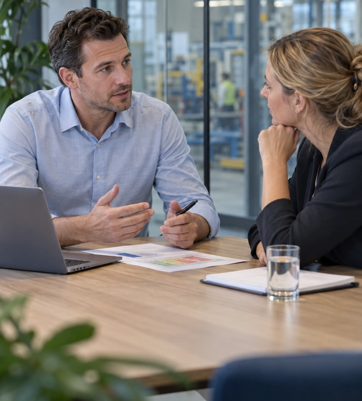 MVK of HVK interim voor tijdelijke veiligheidsondersteuning MVK of HVK bespreekt veiligheidsvraagstukken met een manager van een Nederlands bedrijf.