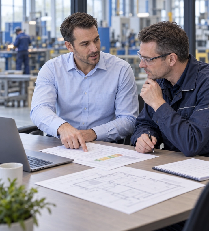 Veiligheidskundige en productiemanager beoordelen samen risico’s en aandachtspunten in een RI&E.
