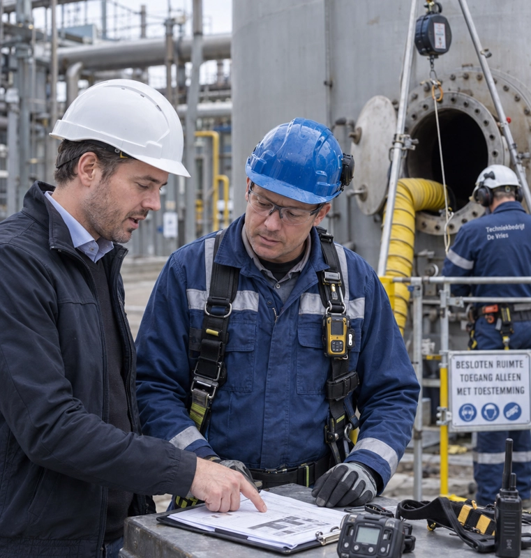 Veiligheidsadviseur en medewerker bespreken de werkvergunning voor werkzaamheden in een besloten ruimte.