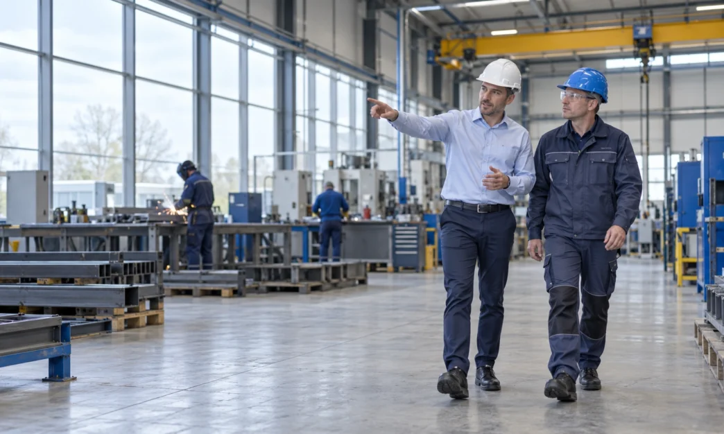 Veiligheidskundige bespreekt arbeidsveiligheid met een leidinggevende tijdens een rondgang door een bedrijf.