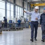 Veiligheidskundige bespreekt arbeidsveiligheid met een leidinggevende tijdens een rondgang door een bedrijf.