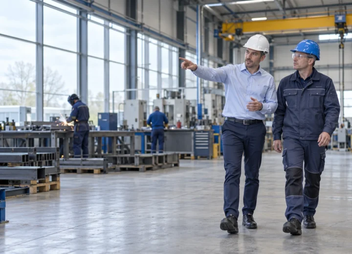 Veiligheidskundige bespreekt arbeidsveiligheid met een leidinggevende tijdens een rondgang door een bedrijf.
